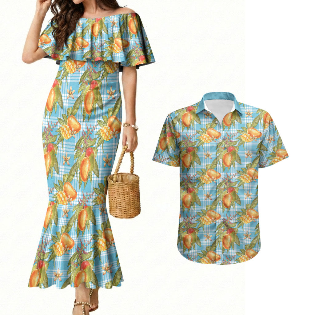 Vintage Hawaii Mango Couples Matching Mermaid Dress and Hawaiian Shirt Blue Hawaiian Palaka LT05 Blue - Polynesian Pride