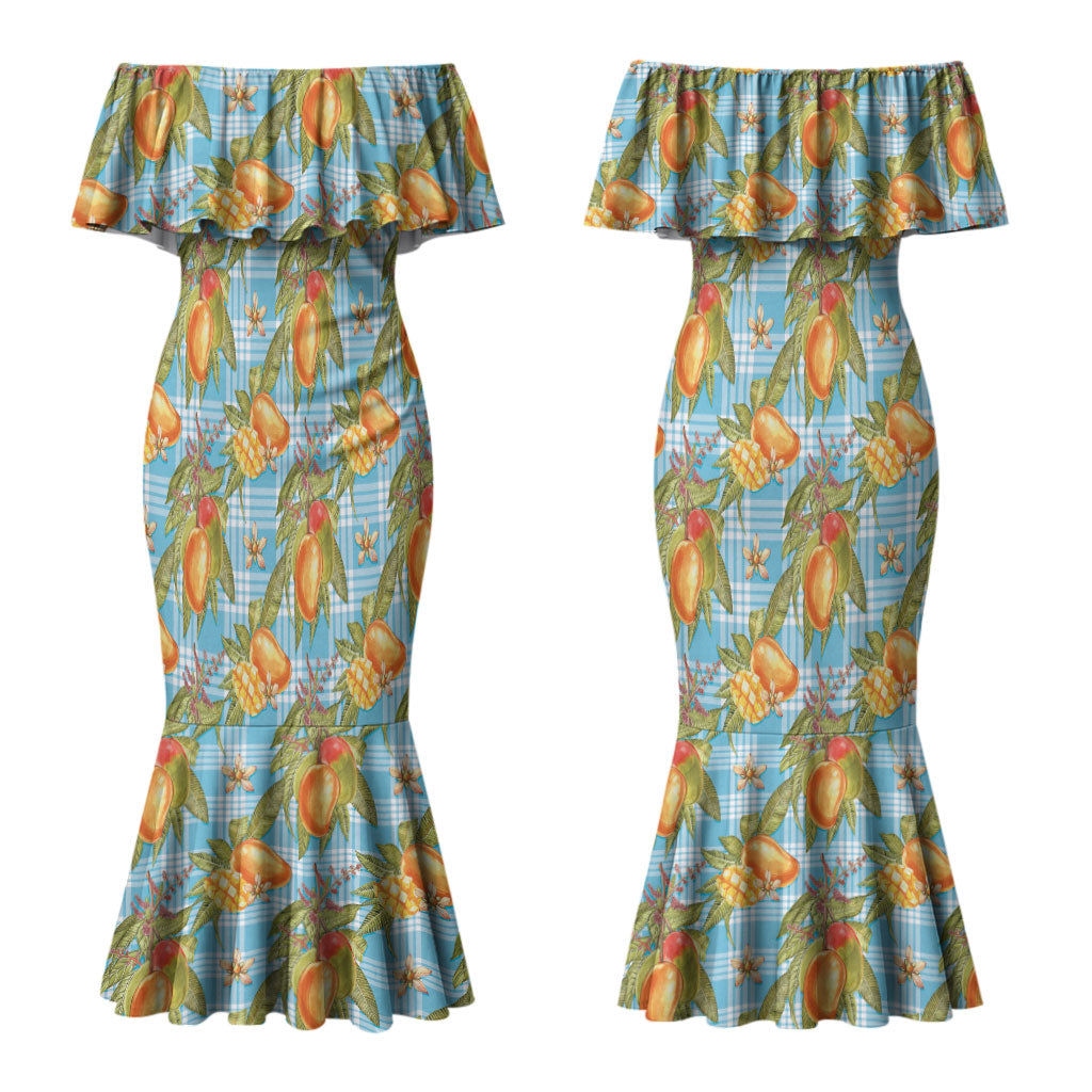 Vintage Hawaii Mango Couples Matching Mermaid Dress and Hawaiian Shirt Blue Hawaiian Palaka LT05 - Polynesian Pride