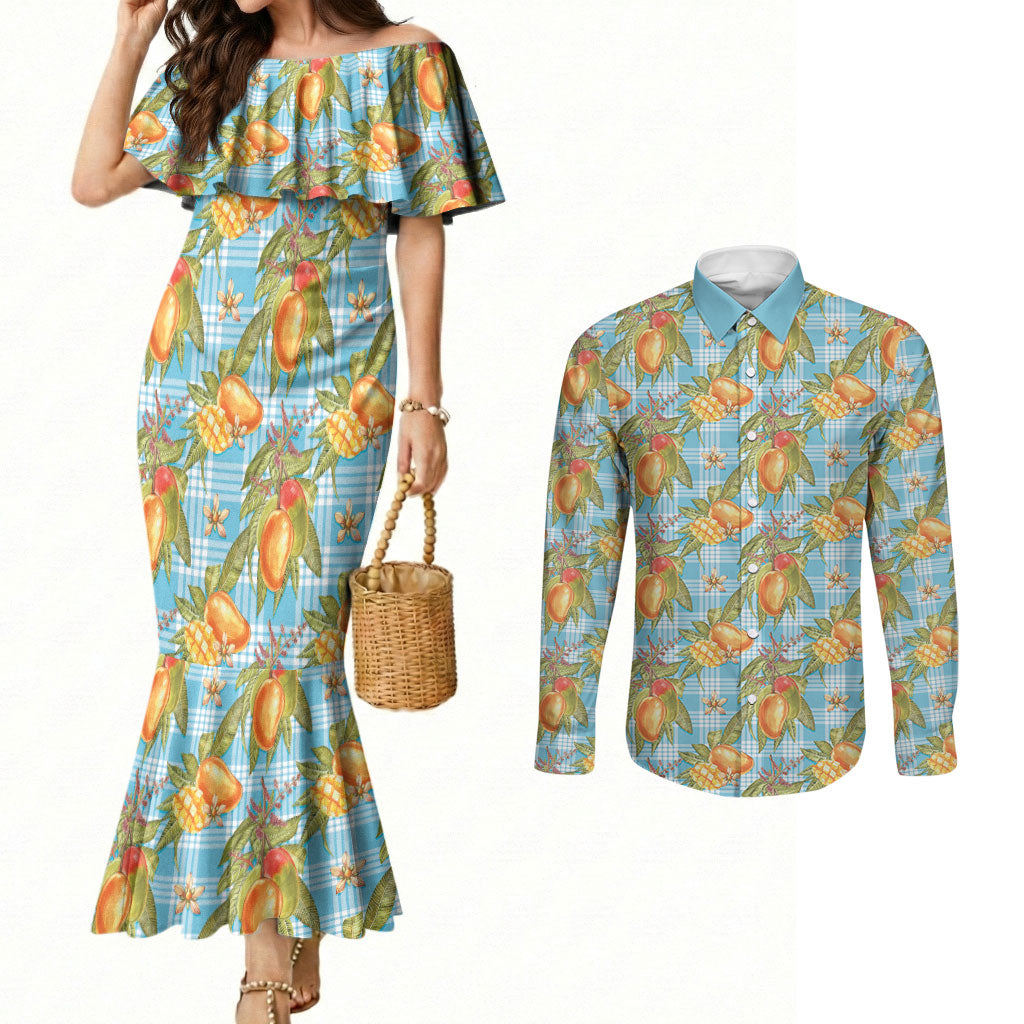 Vintage Hawaii Mango Couples Matching Mermaid Dress and Long Sleeve Button Shirt Blue Hawaiian Palaka LT05 Blue - Polynesian Pride