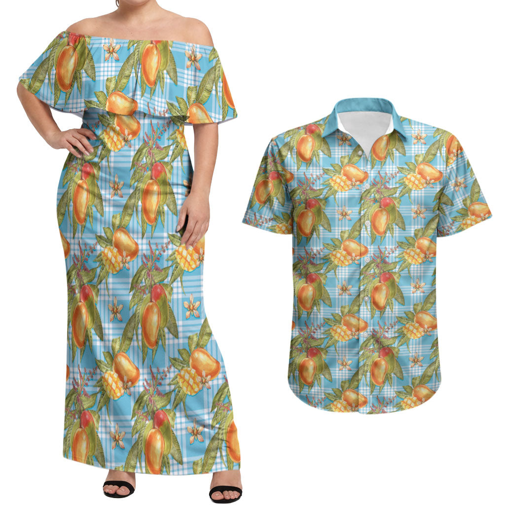 Vintage Hawaii Mango Couples Matching Off Shoulder Maxi Dress and Hawaiian Shirt Blue Hawaiian Palaka LT05 Blue - Polynesian Pride