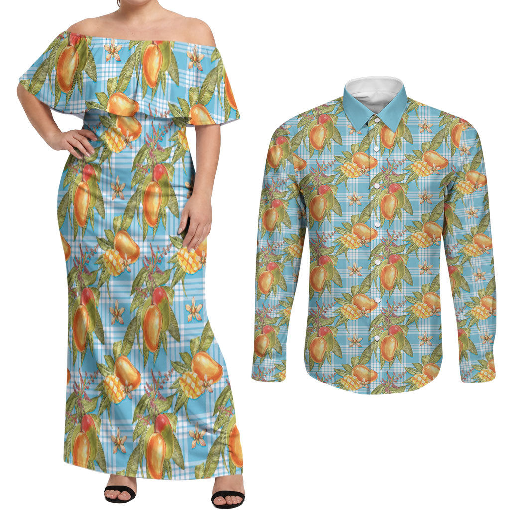 Vintage Hawaii Mango Couples Matching Off Shoulder Maxi Dress and Long Sleeve Button Shirt Blue Hawaiian Palaka LT05 Blue - Polynesian Pride