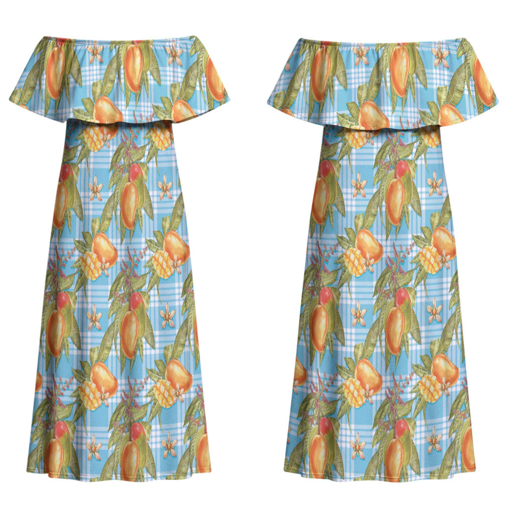 Vintage Hawaii Mango Couples Matching Off Shoulder Maxi Dress and Long Sleeve Button Shirt Blue Hawaiian Palaka LT05 - Polynesian Pride