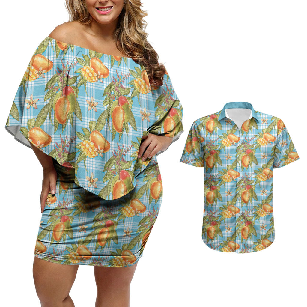Vintage Hawaii Mango Couples Matching Off Shoulder Short Dress and Hawaiian Shirt Blue Hawaiian Palaka LT05 Blue - Polynesian Pride