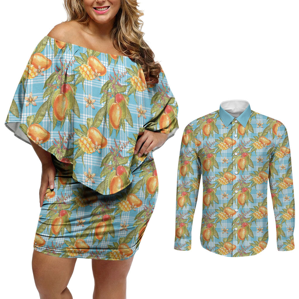 Vintage Hawaii Mango Couples Matching Off Shoulder Short Dress and Long Sleeve Button Shirt Blue Hawaiian Palaka LT05 Blue - Polynesian Pride