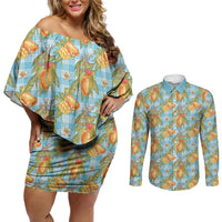 Vintage Hawaii Mango Couples Matching Off Shoulder Short Dress and Long Sleeve Button Shirt Blue Hawaiian Palaka LT05 Blue - Polynesian Pride