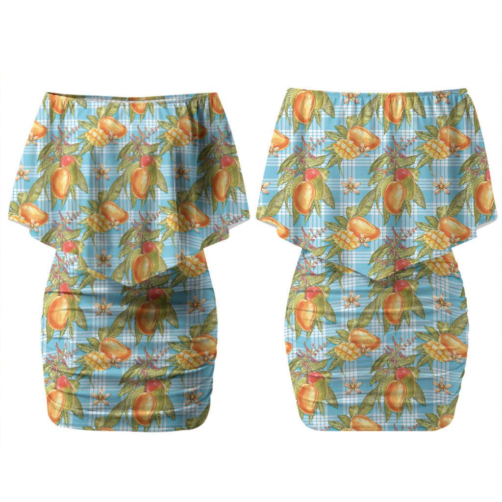 Vintage Hawaii Mango Couples Matching Off Shoulder Short Dress and Long Sleeve Button Shirt Blue Hawaiian Palaka LT05 - Polynesian Pride