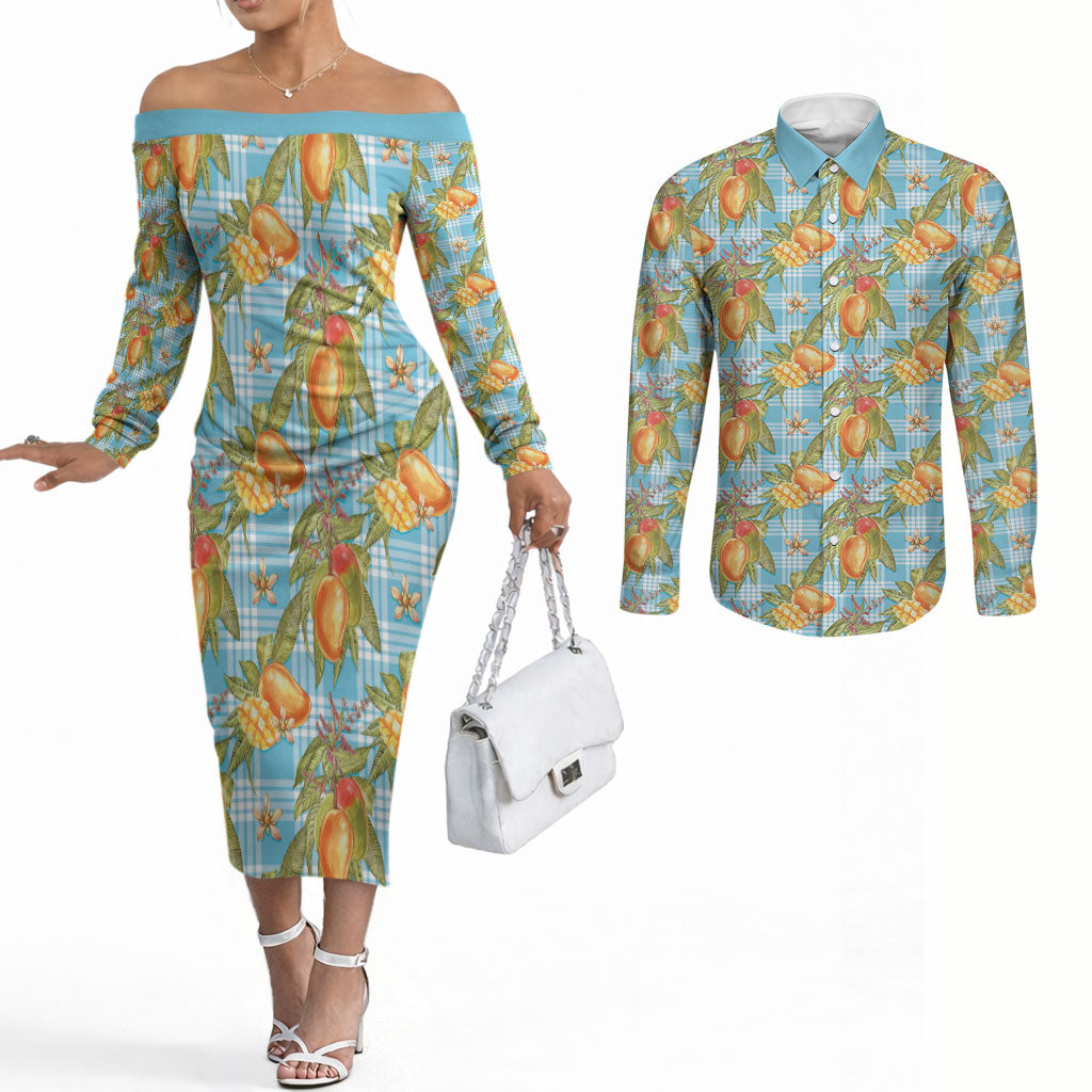 Vintage Hawaii Mango Couples Matching Off The Shoulder Long Sleeve Dress and Long Sleeve Button Shirt Blue Hawaiian Palaka LT05 Blue - Polynesian Pride