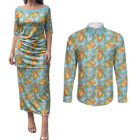 Vintage Hawaii Mango Couples Matching Puletasi and Long Sleeve Button Shirt Blue Hawaiian Palaka LT05 Blue - Polynesian Pride