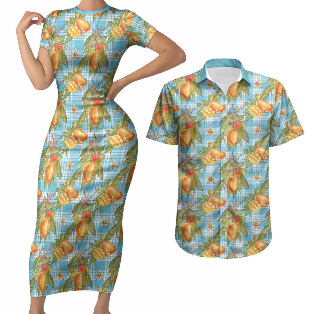 Vintage Hawaii Mango Couples Matching Short Sleeve Bodycon Dress and Hawaiian Shirt Blue Hawaiian Palaka LT05 Blue - Polynesian Pride
