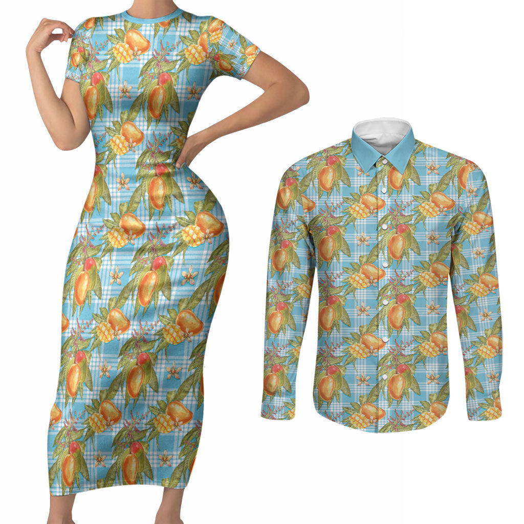 Vintage Hawaii Mango Couples Matching Short Sleeve Bodycon Dress and Long Sleeve Button Shirt Blue Hawaiian Palaka LT05 Blue - Polynesian Pride