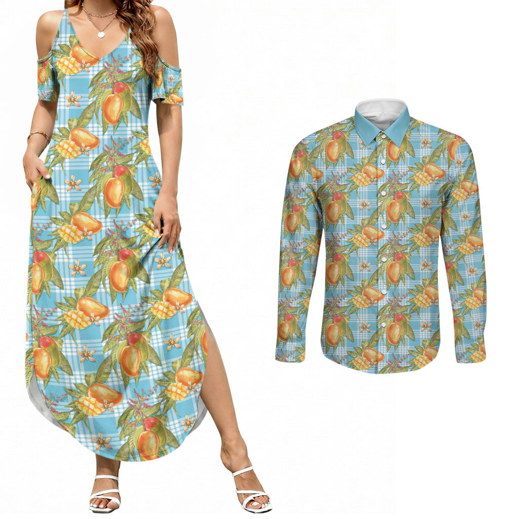 Vintage Hawaii Mango Couples Matching Summer Maxi Dress and Long Sleeve Button Shirt Blue Hawaiian Palaka LT05 Blue - Polynesian Pride