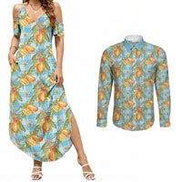 Vintage Hawaii Mango Couples Matching Summer Maxi Dress and Long Sleeve Button Shirt Blue Hawaiian Palaka LT05 Blue - Polynesian Pride