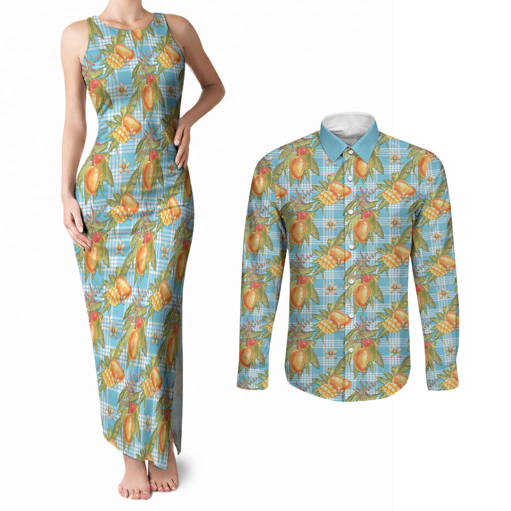 Vintage Hawaii Mango Couples Matching Tank Maxi Dress and Long Sleeve Button Shirt Blue Hawaiian Palaka LT05 Blue - Polynesian Pride