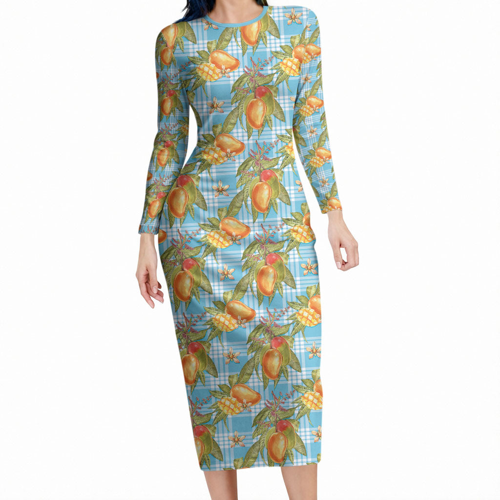 Vintage Hawaii Mango Long Sleeve Bodycon Dress Blue Hawaiian Palaka LT05 Long Dress Blue - Polynesian Pride