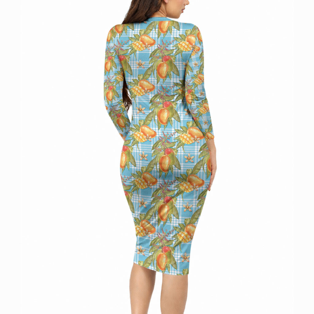 Vintage Hawaii Mango Long Sleeve Bodycon Dress Blue Hawaiian Palaka LT05 - Polynesian Pride