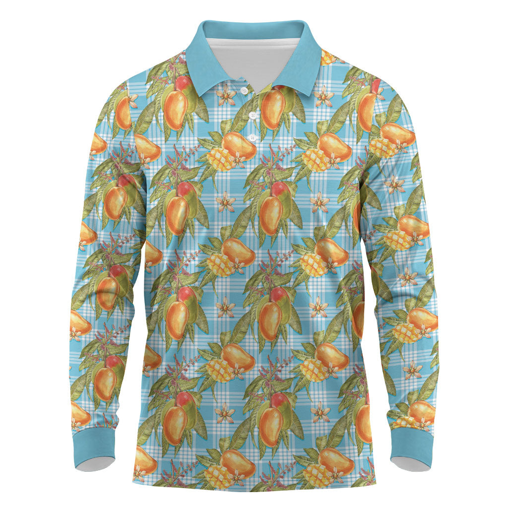 Vintage Hawaii Mango Long Sleeve Polo Shirt Blue Hawaiian Palaka LT05 Blue - Polynesian Pride