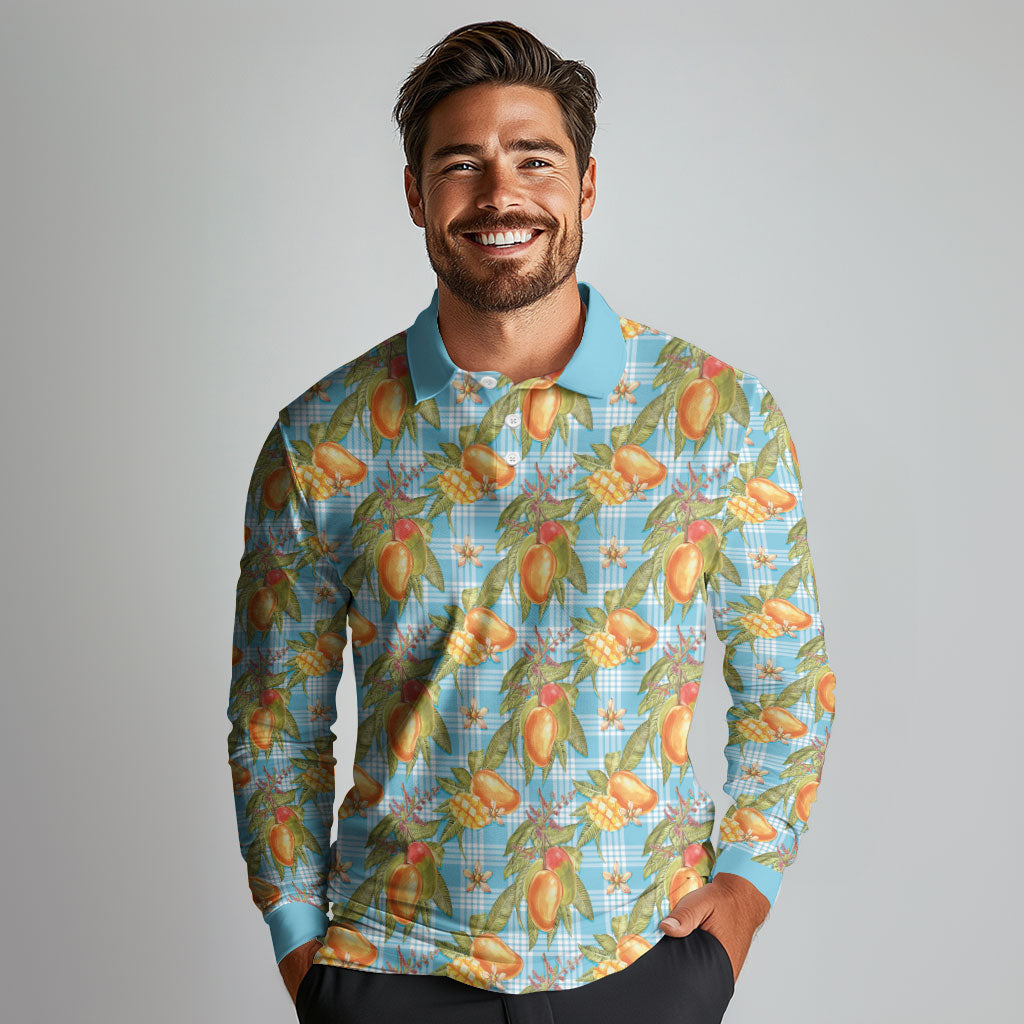 Vintage Hawaii Mango Long Sleeve Polo Shirt Blue Hawaiian Palaka LT05 - Polynesian Pride