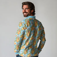 Vintage Hawaii Mango Long Sleeve Polo Shirt Blue Hawaiian Palaka LT05 - Polynesian Pride