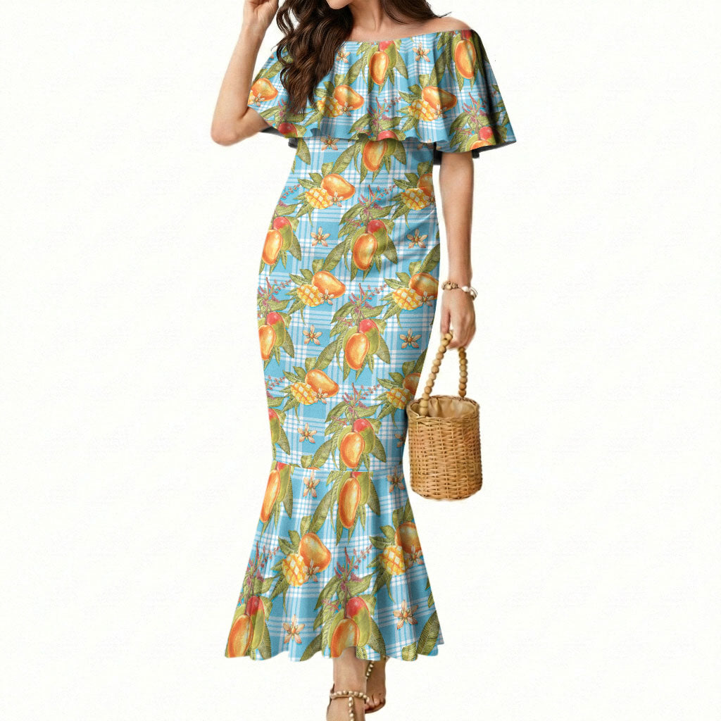 Vintage Hawaii Mango Mermaid Dress Blue Hawaiian Palaka LT05 Women Blue - Polynesian Pride