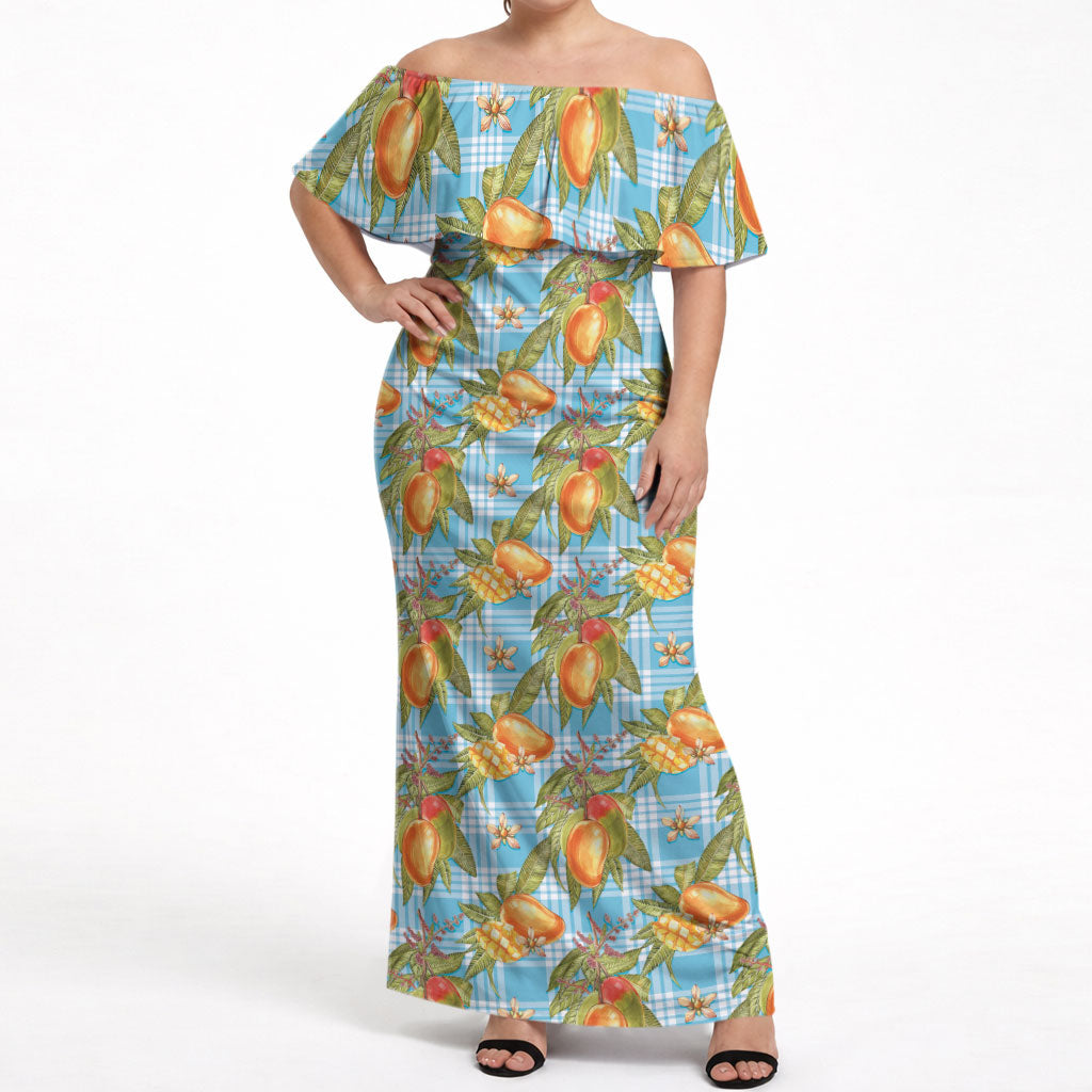 Vintage Hawaii Mango Off Shoulder Maxi Dress Blue Hawaiian Palaka LT05 Women Blue - Polynesian Pride