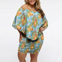 Vintage Hawaii Mango Off Shoulder Short Dress Blue Hawaiian Palaka LT05 Women Blue - Polynesian Pride