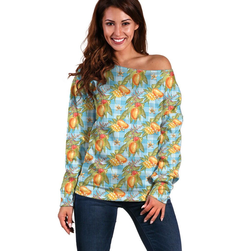 Vintage Hawaii Mango Off Shoulder Sweater Blue Hawaiian Palaka LT05 Women Blue - Polynesian Pride