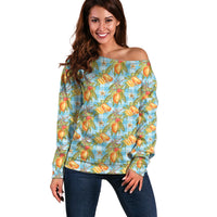 Vintage Hawaii Mango Off Shoulder Sweater Blue Hawaiian Palaka LT05 Women Blue - Polynesian Pride