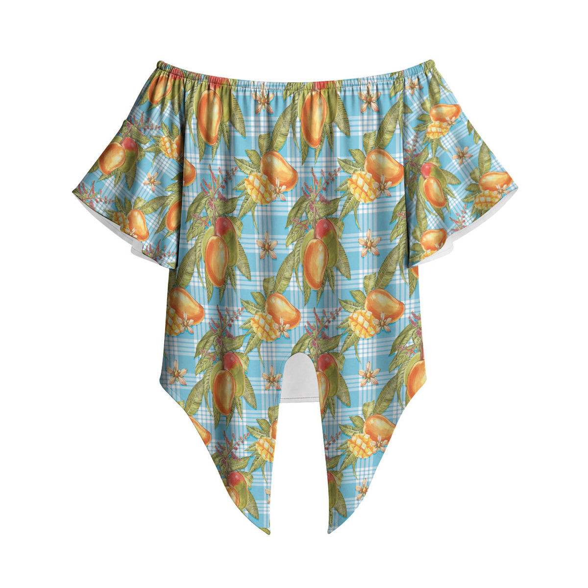 Vintage Hawaii Mango Off Shoulder Wrap Waist Top Blue Hawaiian Palaka LT05 Blue - Polynesian Pride