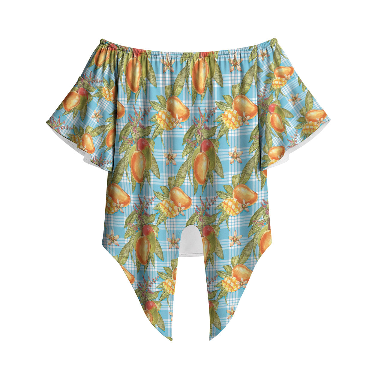 Vintage Hawaii Mango Off Shoulder Wrap Waist Top Blue Hawaiian Palaka LT05 Blue - Polynesian Pride