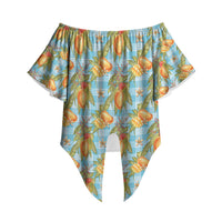 Vintage Hawaii Mango Off Shoulder Wrap Waist Top Blue Hawaiian Palaka LT05 Blue - Polynesian Pride