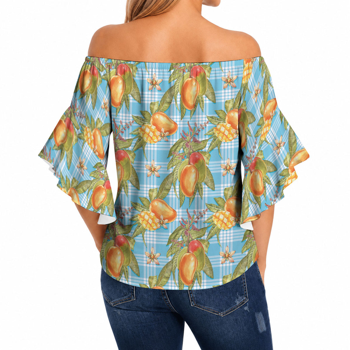 Vintage Hawaii Mango Off Shoulder Wrap Waist Top Blue Hawaiian Palaka LT05 - Polynesian Pride