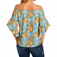 Vintage Hawaii Mango Off Shoulder Wrap Waist Top Blue Hawaiian Palaka LT05 - Polynesian Pride