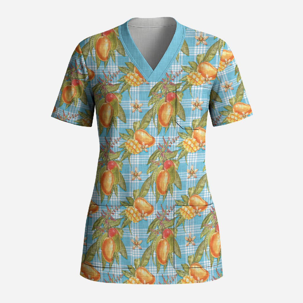 Vintage Hawaii Mango Scrub Top Blue Hawaiian Palaka LT05 Adult Blue - Polynesian Pride