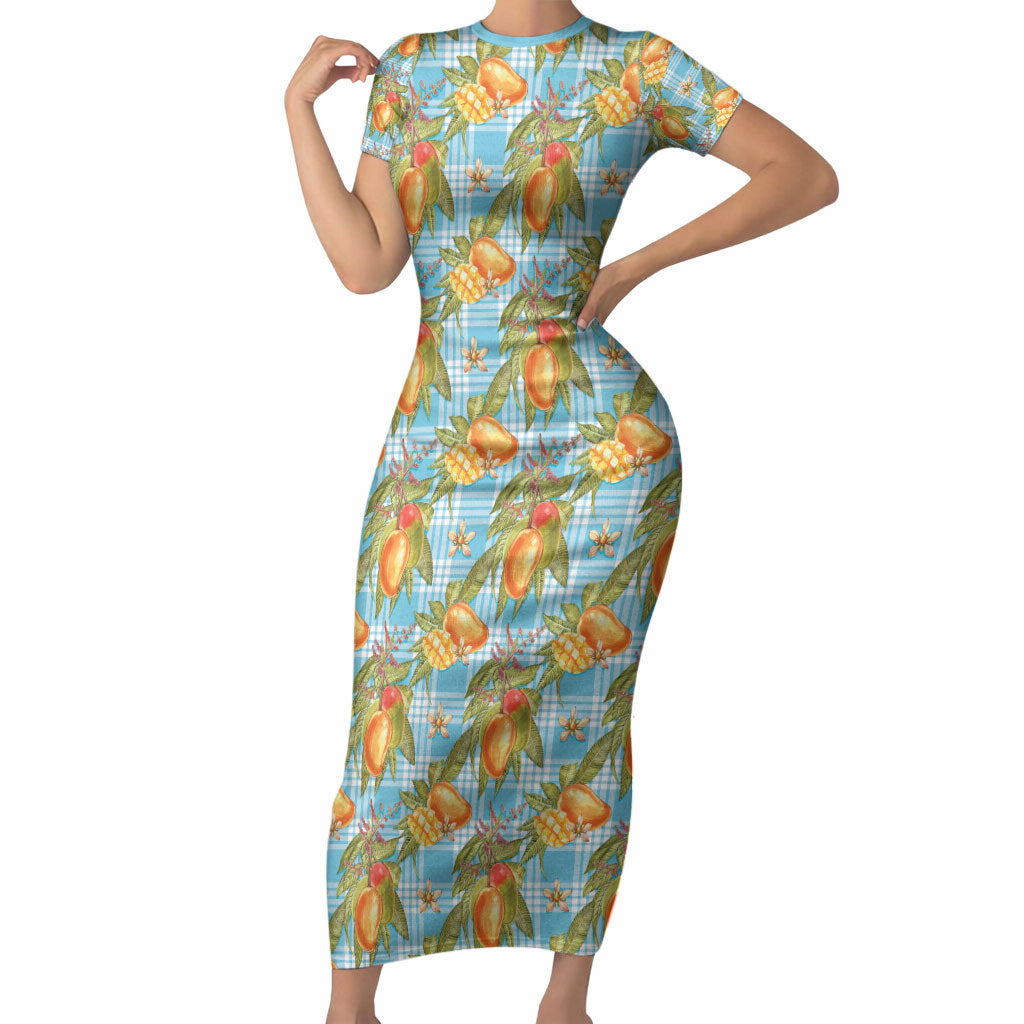 Vintage Hawaii Mango Short Sleeve Bodycon Dress Blue Hawaiian Palaka LT05 Long Dress Blue - Polynesian Pride