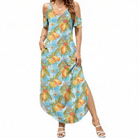 Vintage Hawaii Mango Summer Maxi Dress Blue Hawaiian Palaka LT05 Women Blue - Polynesian Pride