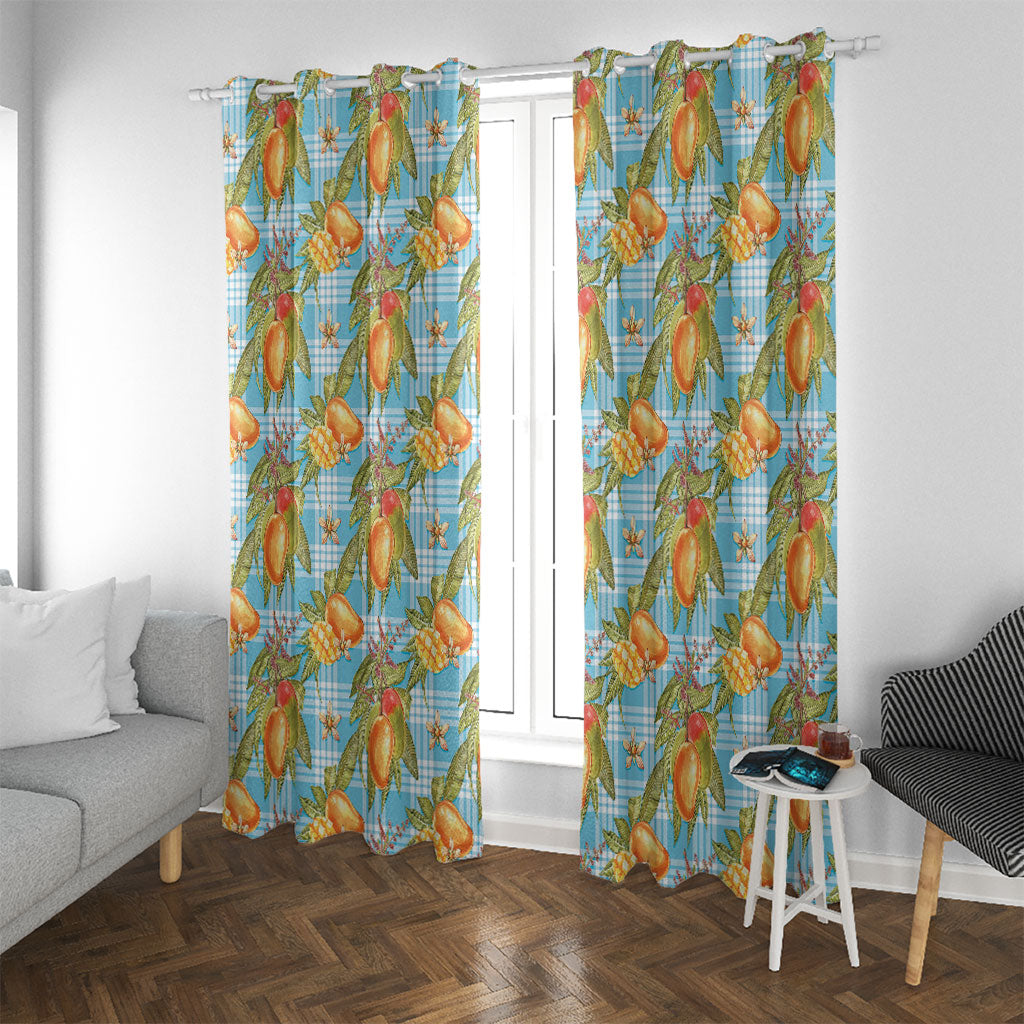 Vintage Hawaii Mango Window Curtain Blue Hawaiian Palaka LT05 With Grommets Blue - Polynesian Pride