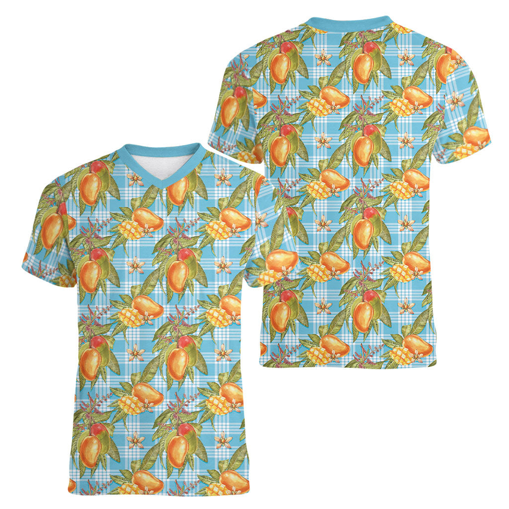 Vintage Hawaii Mango Women V-Neck T-Shirt Blue Hawaiian Palaka LT05 - Polynesian Pride