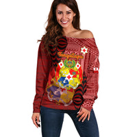 Personalized Tonga Off Shoulder Sweater Coat Of Arms Tongatapu With Ngatu Pattern LT05 Women Red - Polynesian Pride