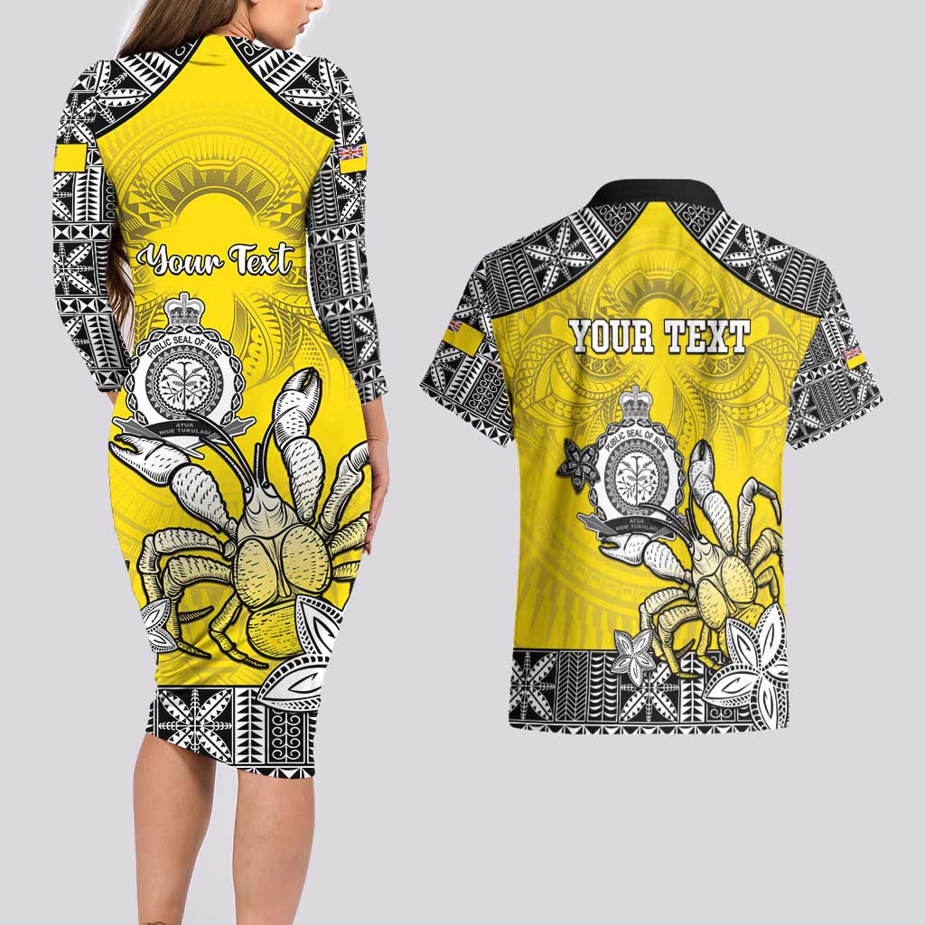 Personalised Happy Niue Constitution Day Couples Matching Long Sleeve Bodycon Dress and Hawaiian Shirt Niuean Crab Hiapo Pattern Yellow Version LT05 - Polynesian Pride