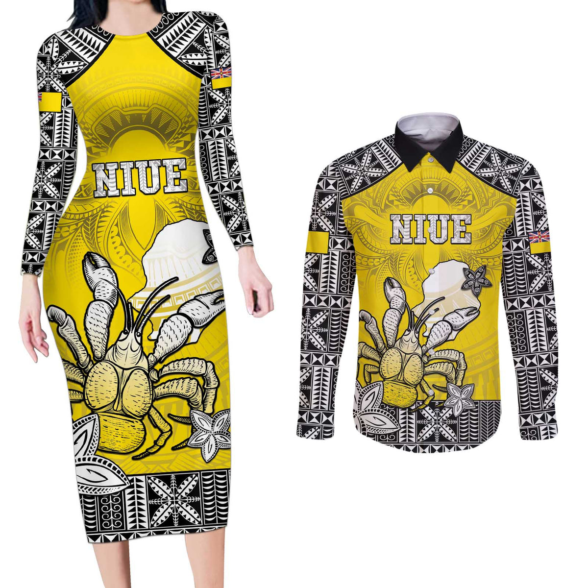 Personalised Happy Niue Constitution Day Couples Matching Long Sleeve Bodycon Dress and Long Sleeve Button Shirt Niuean Crab Hiapo Pattern Yellow Version LT05 Yellow - Polynesian Pride