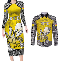 Personalised Happy Niue Constitution Day Couples Matching Long Sleeve Bodycon Dress and Long Sleeve Button Shirt Niuean Crab Hiapo Pattern Yellow Version LT05 Yellow - Polynesian Pride