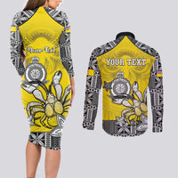 Personalised Happy Niue Constitution Day Couples Matching Long Sleeve Bodycon Dress and Long Sleeve Button Shirt Niuean Crab Hiapo Pattern Yellow Version LT05 - Polynesian Pride