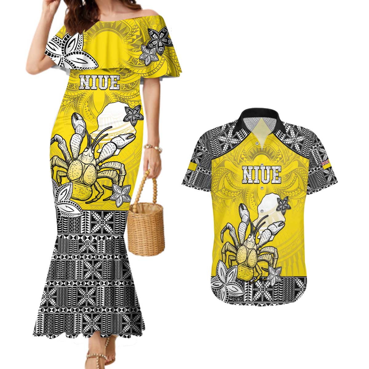 Personalised Happy Niue Constitution Day Couples Matching Mermaid Dress and Hawaiian Shirt Niuean Crab Hiapo Pattern Yellow Version LT05 Yellow - Polynesian Pride