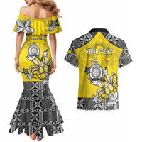 Personalised Happy Niue Constitution Day Couples Matching Mermaid Dress and Hawaiian Shirt Niuean Crab Hiapo Pattern Yellow Version LT05 - Polynesian Pride