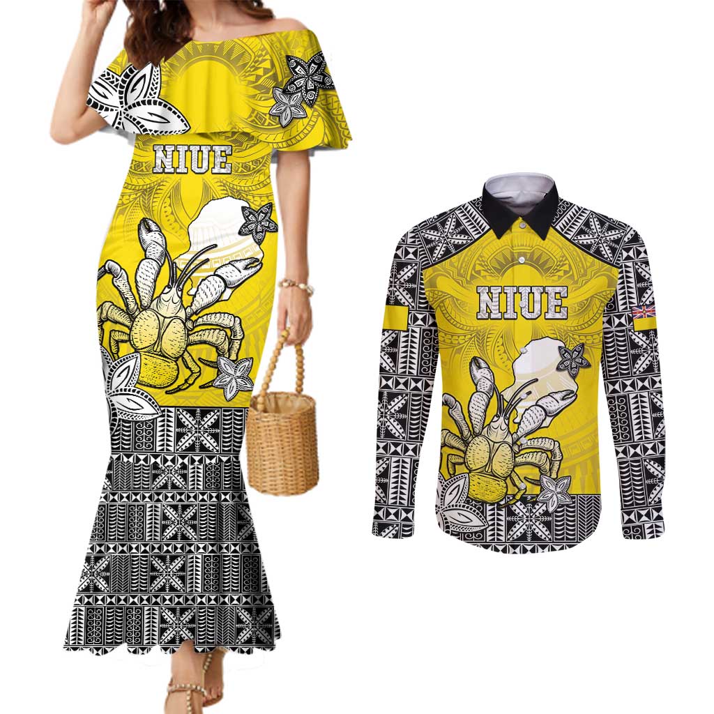 Personalised Happy Niue Constitution Day Couples Matching Mermaid Dress and Long Sleeve Button Shirt Niuean Crab Hiapo Pattern Yellow Version LT05 Yellow - Polynesian Pride