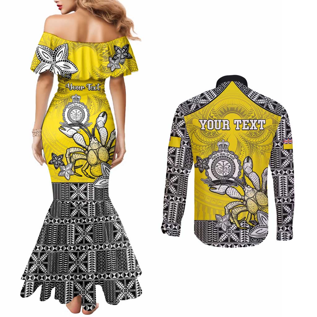 Personalised Happy Niue Constitution Day Couples Matching Mermaid Dress and Long Sleeve Button Shirt Niuean Crab Hiapo Pattern Yellow Version LT05 - Polynesian Pride