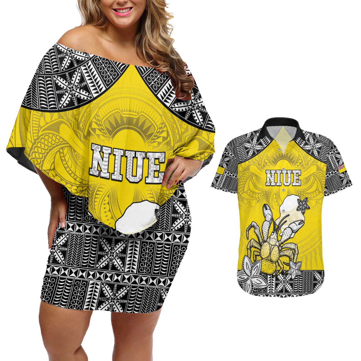 Personalised Happy Niue Constitution Day Couples Matching Off Shoulder Short Dress and Hawaiian Shirt Niuean Crab Hiapo Pattern Yellow Version LT05 Yellow - Polynesian Pride