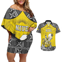 Personalised Happy Niue Constitution Day Couples Matching Off Shoulder Short Dress and Hawaiian Shirt Niuean Crab Hiapo Pattern Yellow Version LT05 Yellow - Polynesian Pride