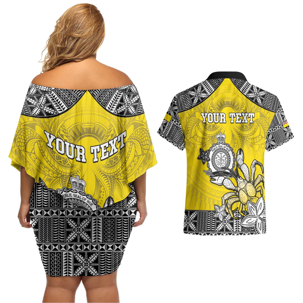 Personalised Happy Niue Constitution Day Couples Matching Off Shoulder Short Dress and Hawaiian Shirt Niuean Crab Hiapo Pattern Yellow Version LT05 - Polynesian Pride