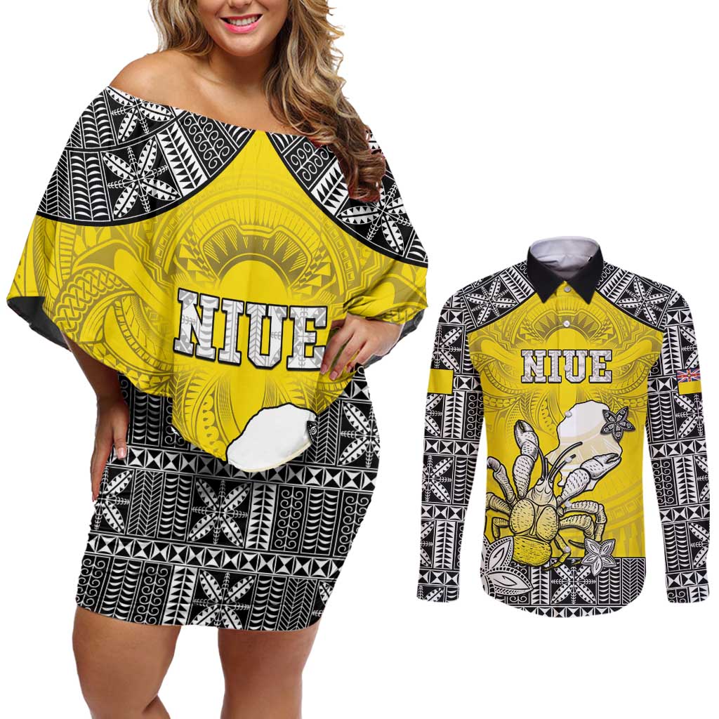 Personalised Happy Niue Constitution Day Couples Matching Off Shoulder Short Dress and Long Sleeve Button Shirt Niuean Crab Hiapo Pattern Yellow Version LT05 Yellow - Polynesian Pride